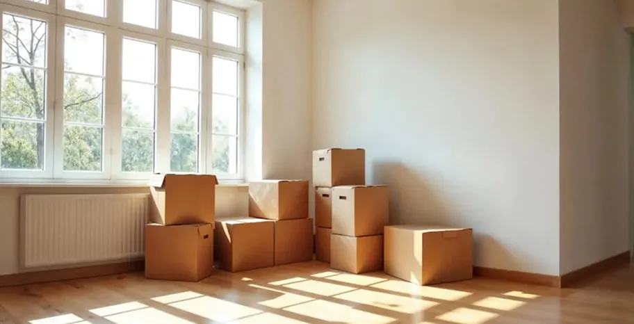 Empty sunny room with moving boxes stacked by the window