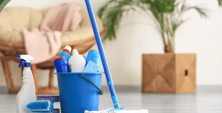 Bucket with cleaning products and a mop in a bright room