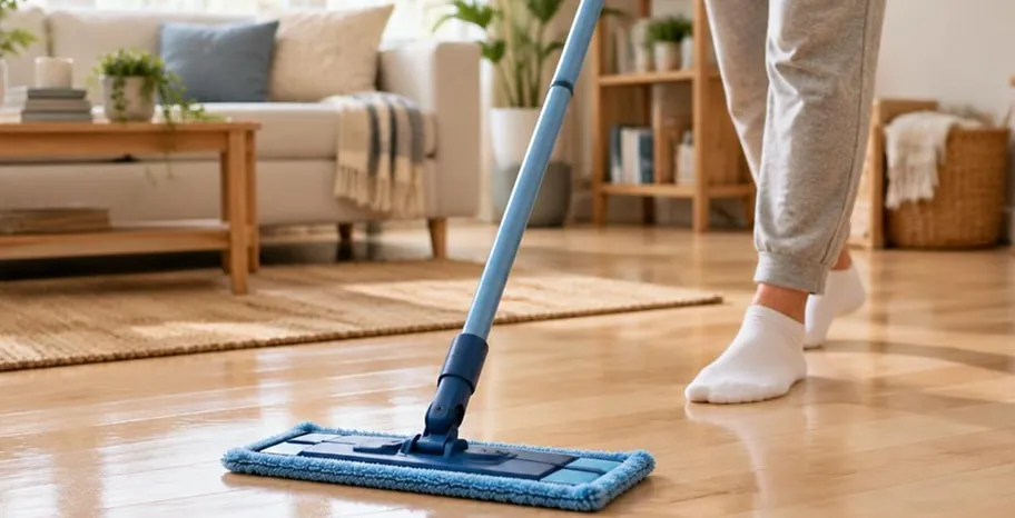 Person mopping a wooden floor in a cozy living room