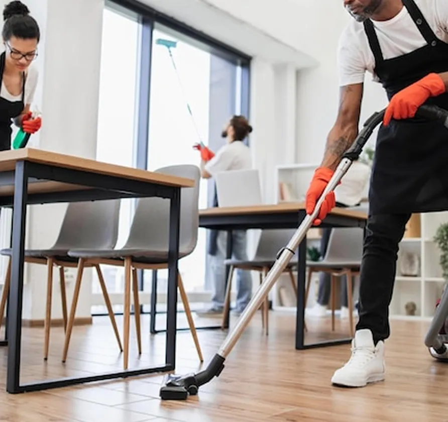 Two cleaners vacuuming and wiping a bright dining area